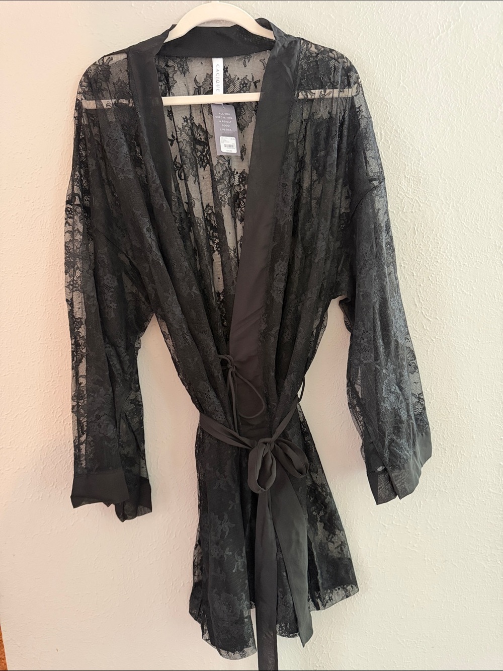 Cacique Black Sheer Lace Kimono Robe with Satin Trim